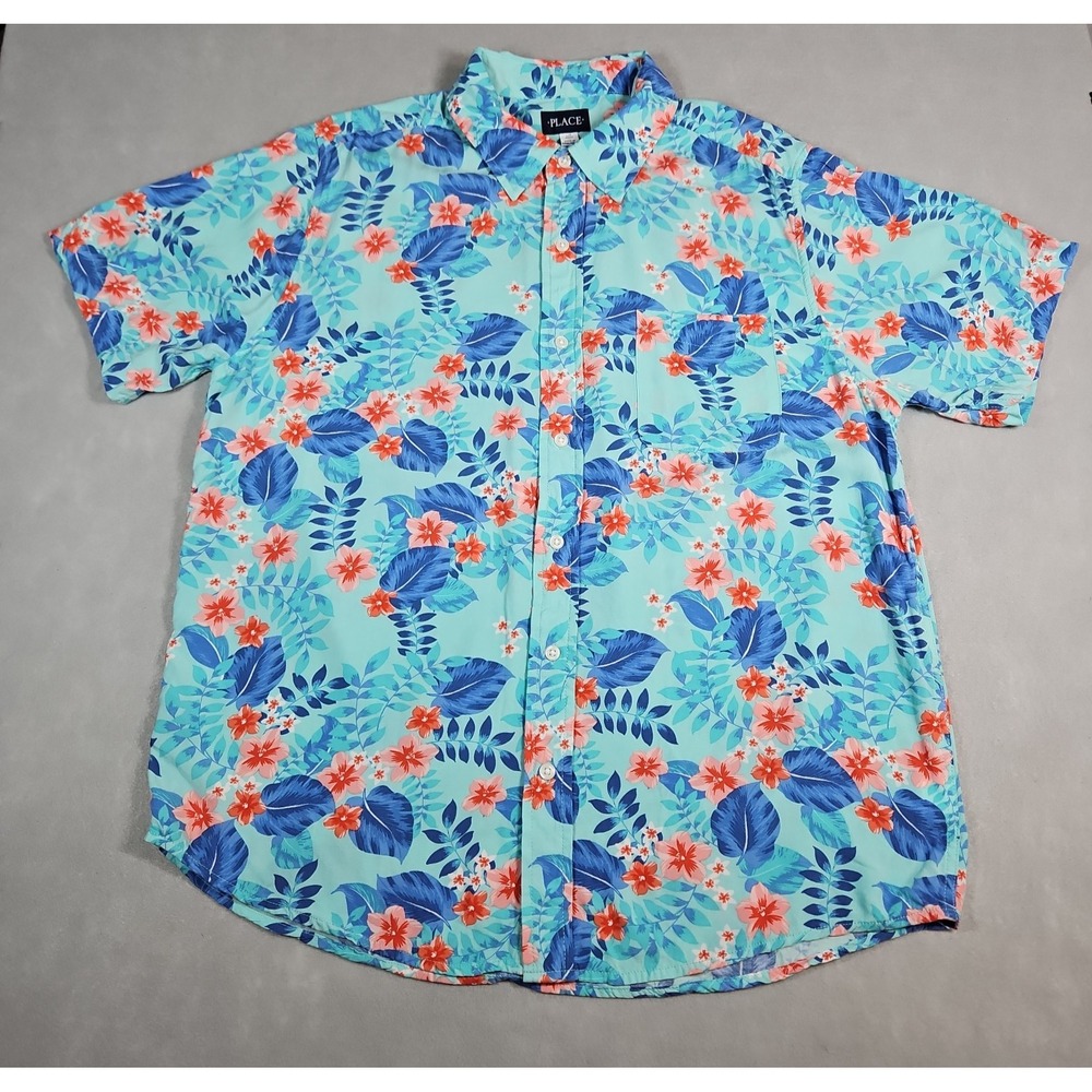 Place Mens Blue Tropical Floral Button Up Short Sleeve Shirt Size Large